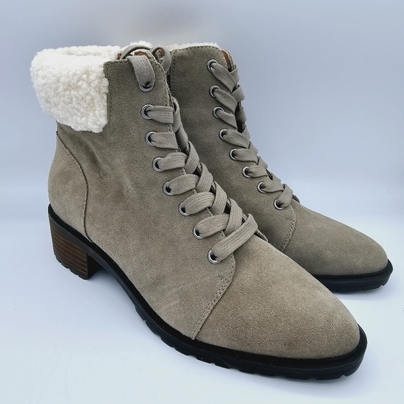 Lucky Brand Jacenia Olive Green Faux Shearling Leather Suede Booties size 8 - Picture 2 of 12